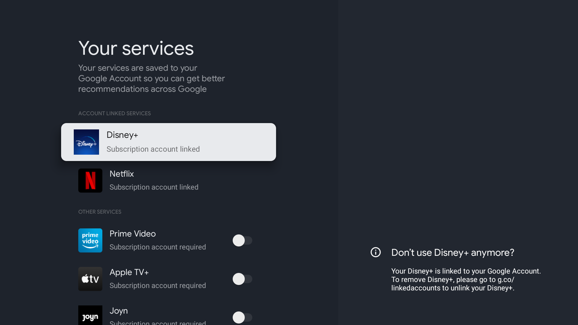Google TV services screenshot