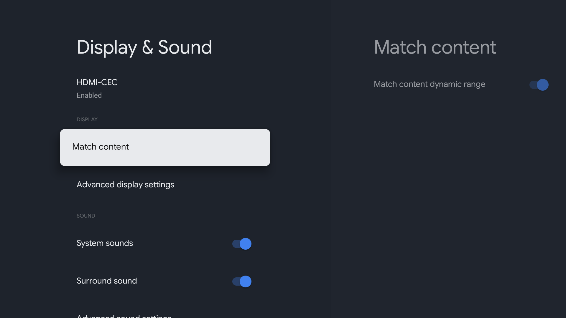 Google TV display and sound settings screenshot