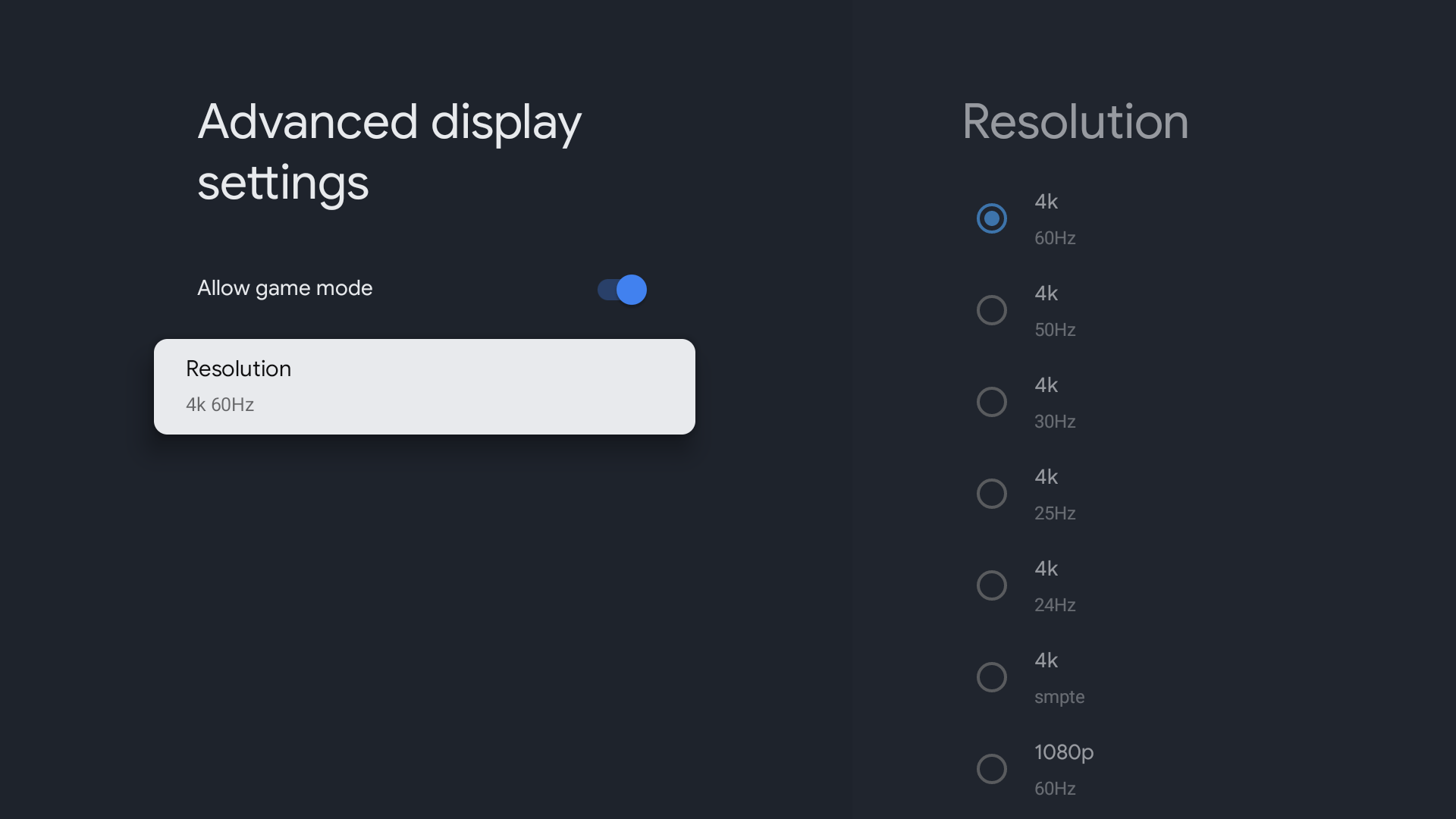 Google TV advanced display settings screenshot