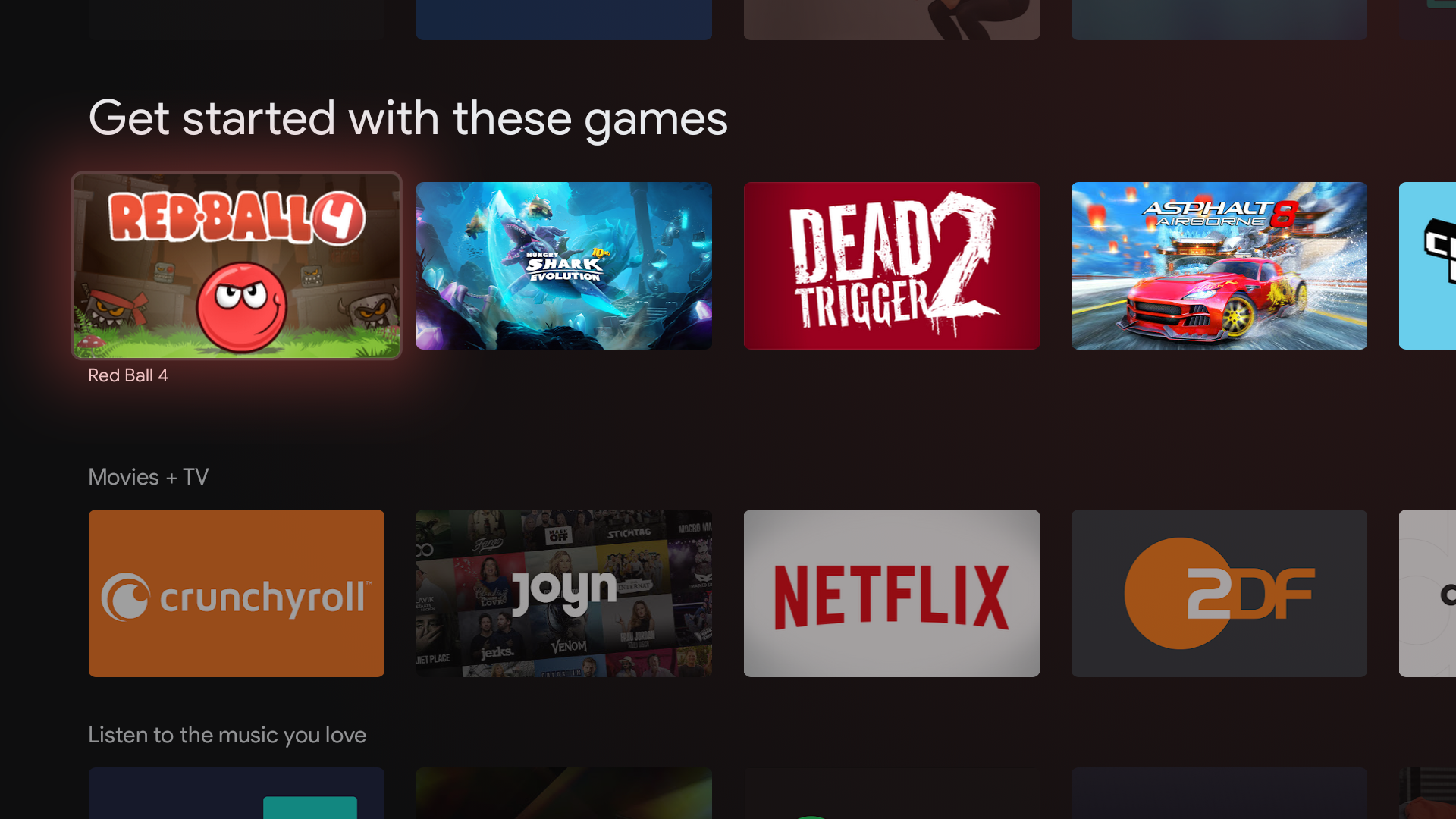 Google TV available apps and games screenshot